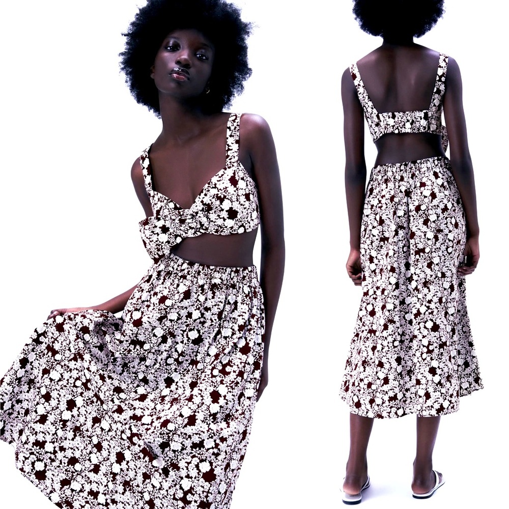 Zara Floral PRINTED MIDI High Waist Flared Skirt